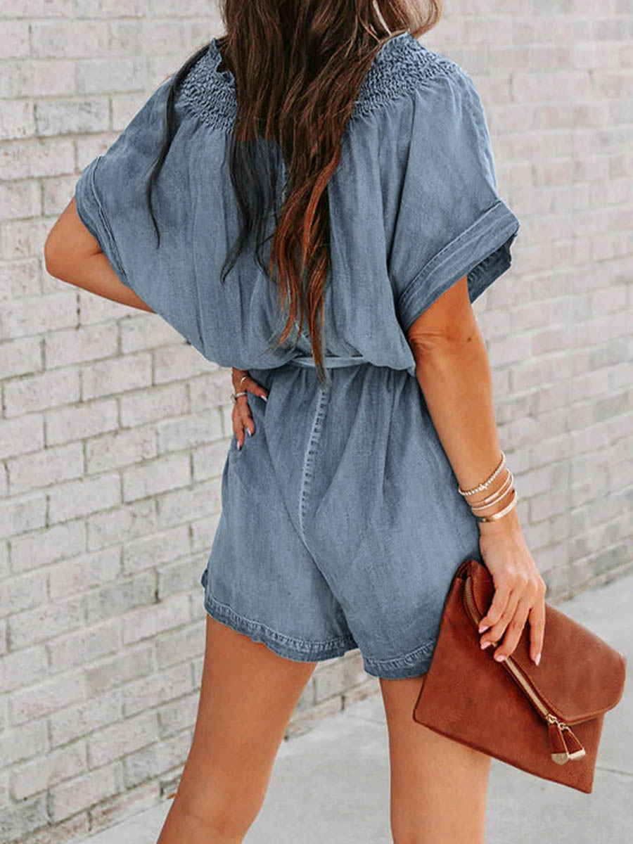 Lunimesd Street Solid Make Old V Neck Short Sleeve High Waist Loose Denim Jumpsuits