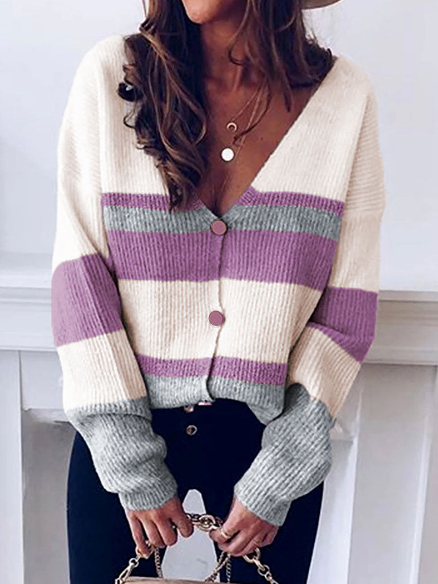 Casual Striped Patchwork V Neck Cardigans(4 Colors)