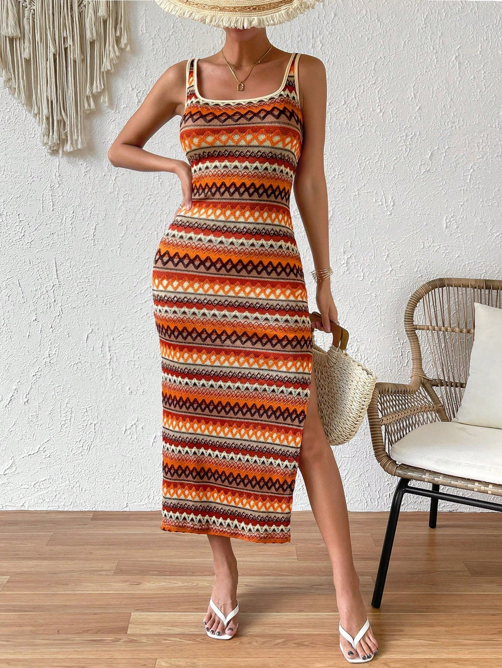 Geo Print Split Thigh Cami Dress