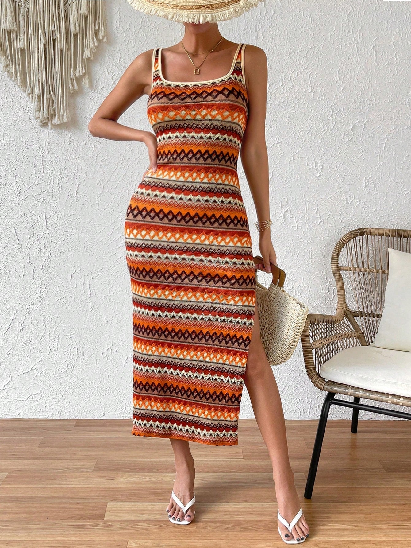 Geo Print Split Thigh Cami Dress