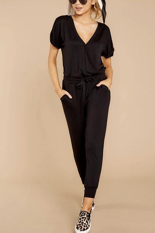 Lunimesd V Neck Short Sleeve Tie Waist Solid Jumpsuit