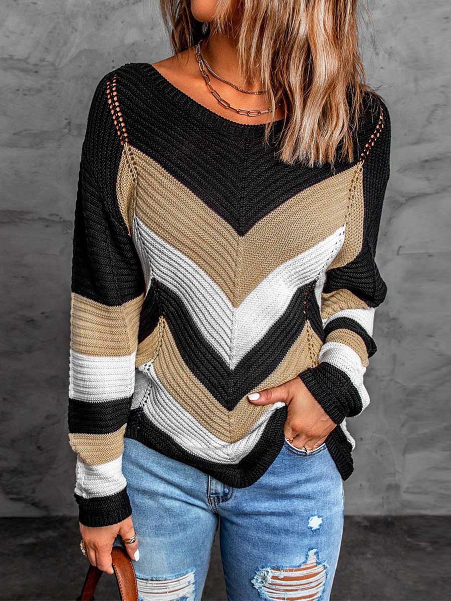 Lunimesd Casual Sweet Geometric Patchwork O Neck Sweaters(7 Colors)
