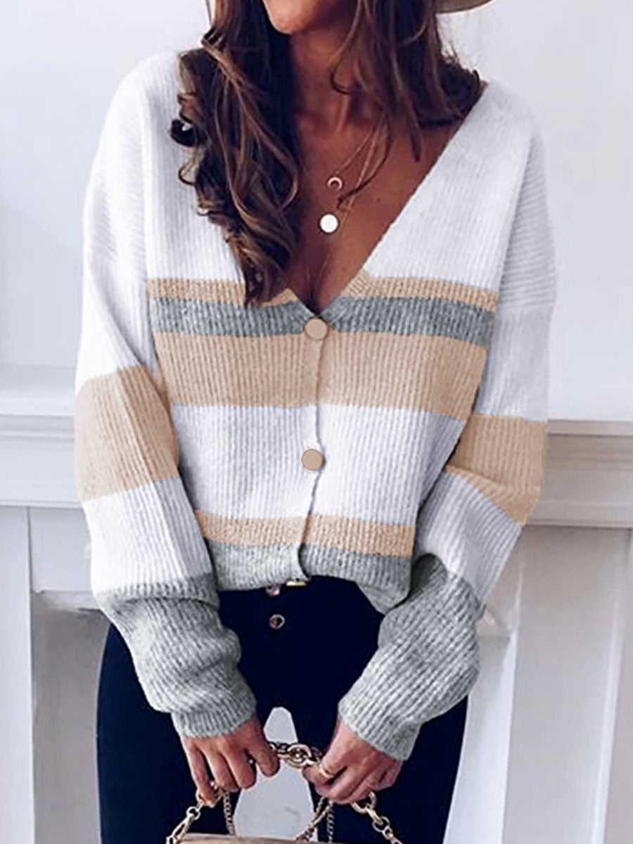 Casual Striped Patchwork V Neck Cardigans(4 Colors)