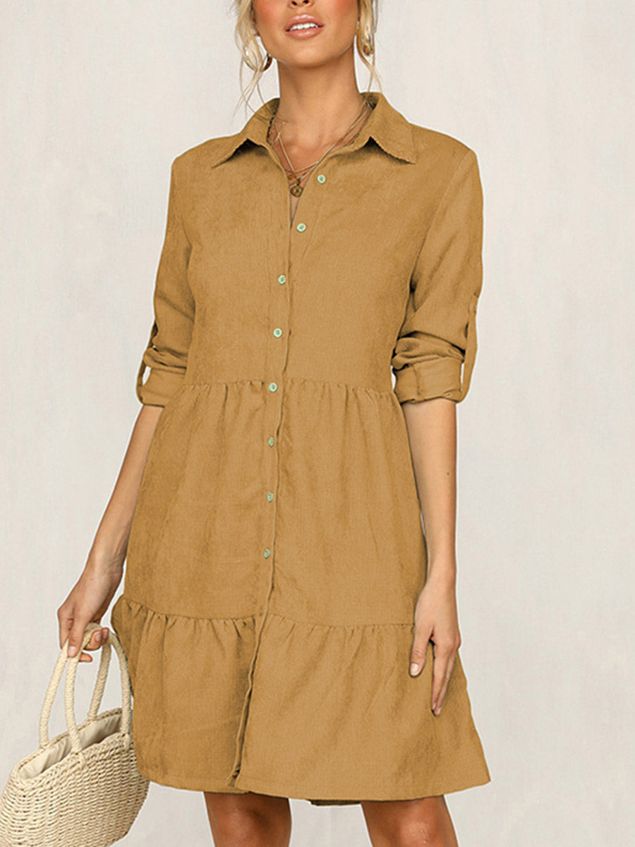 Lunimesd Rolled Up Sleeve Button Down Ruffle Dress