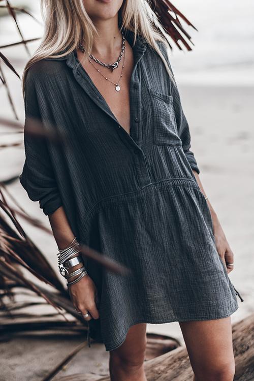 Lunimesd Button Pockets Drawstring Waist Dress