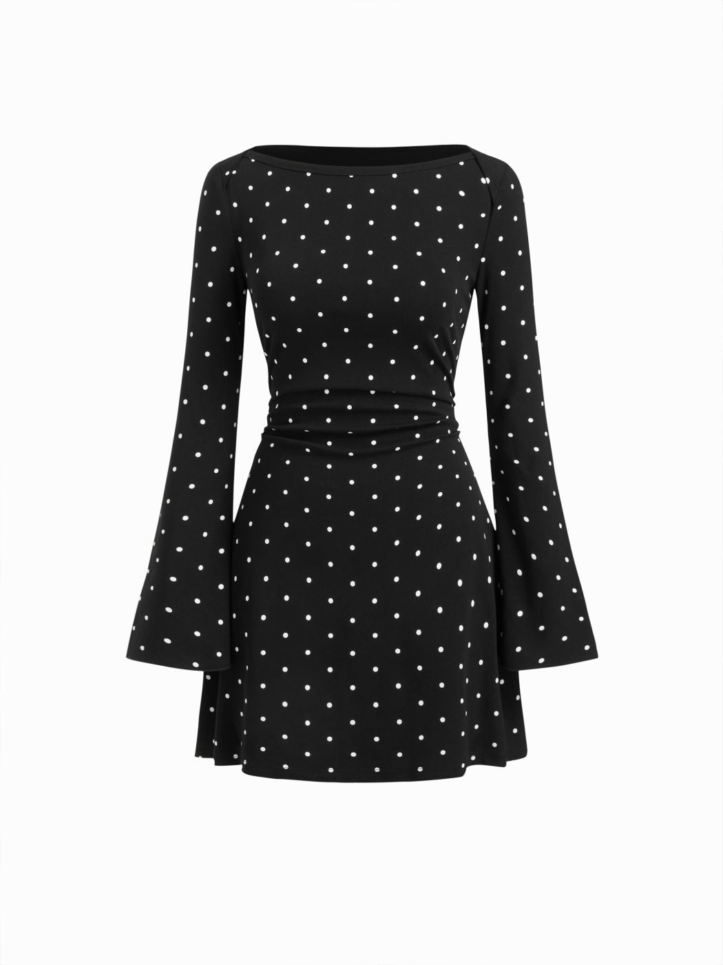 COTTON-BLEND BOAT NECK POLKA DOT RUCHED BELL SLEEVE MINI DRESS