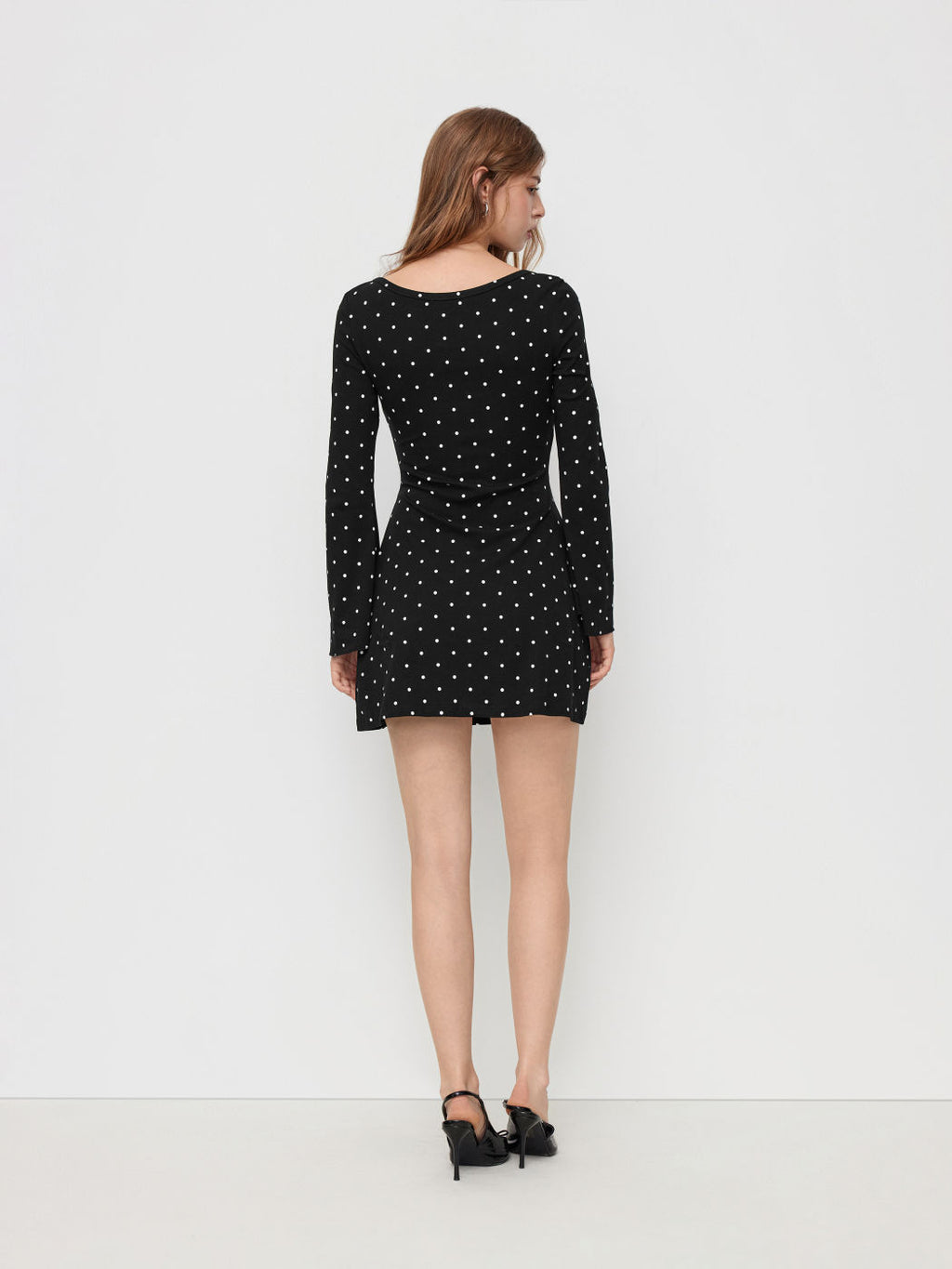 COTTON-BLEND BOAT NECK POLKA DOT RUCHED BELL SLEEVE MINI DRESS