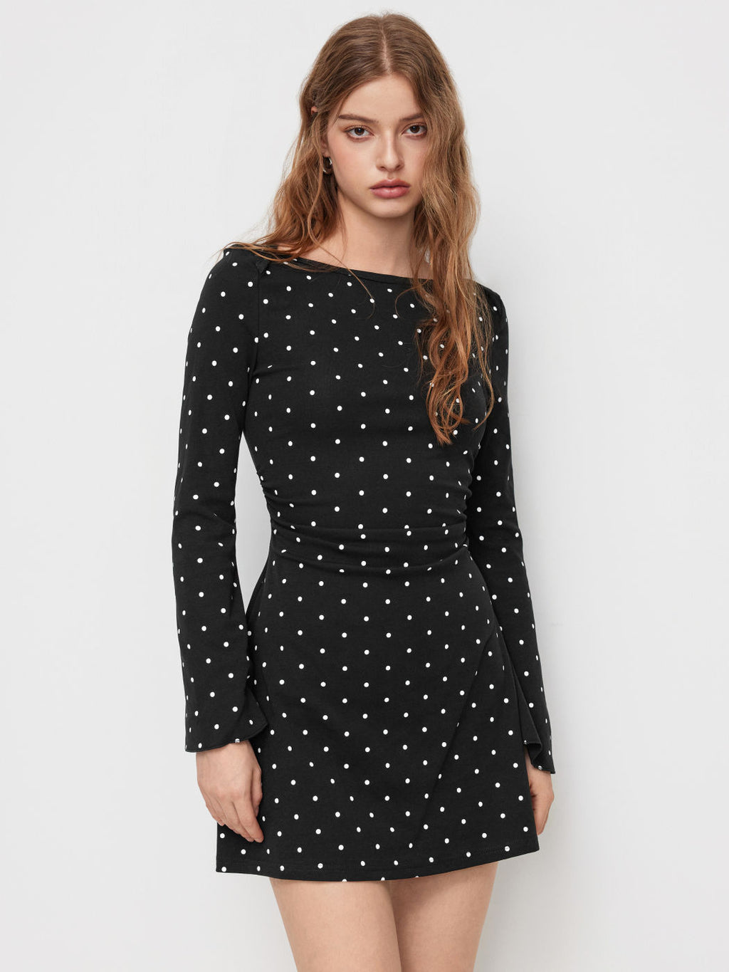 COTTON-BLEND BOAT NECK POLKA DOT RUCHED BELL SLEEVE MINI DRESS