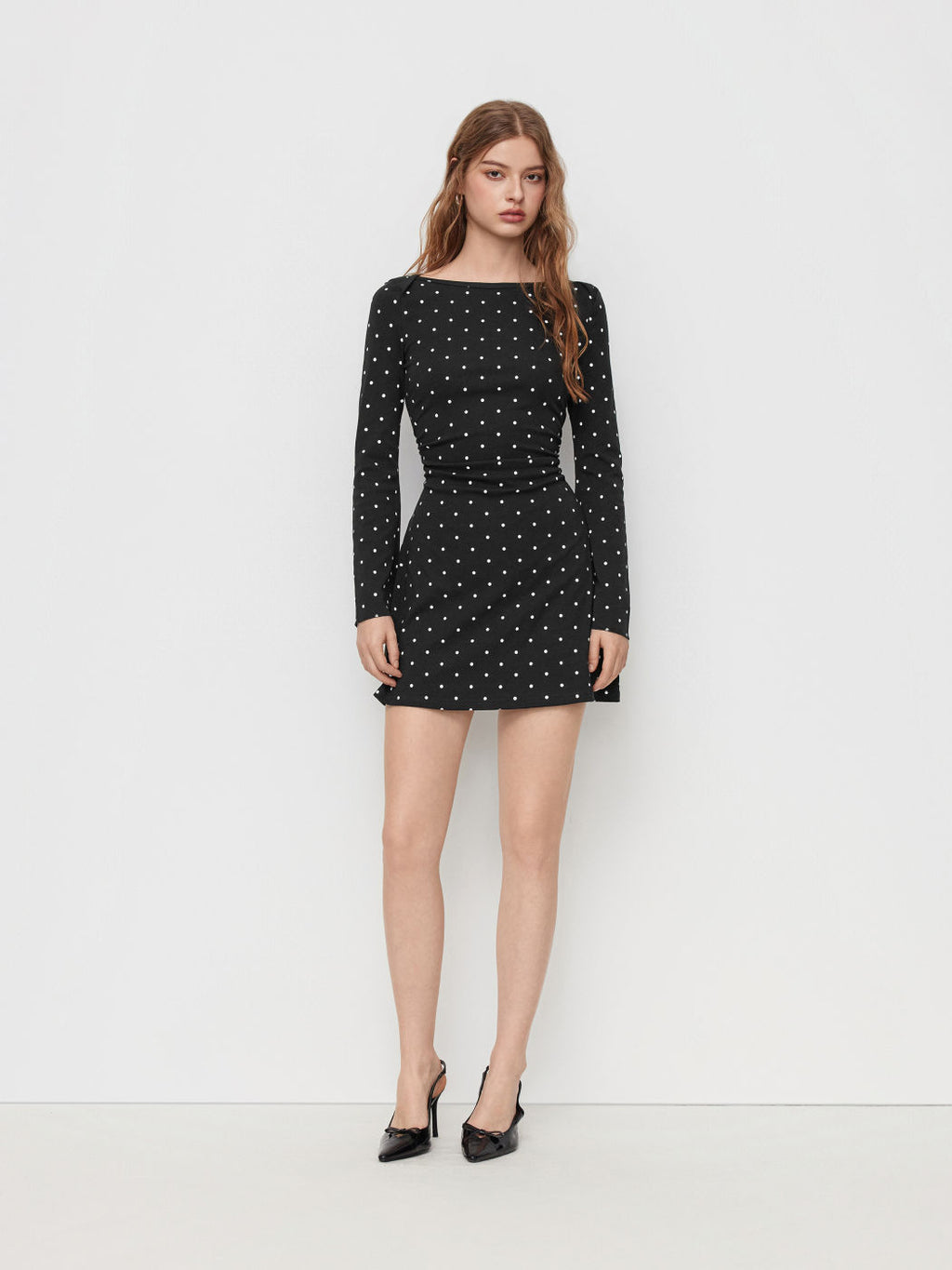 COTTON-BLEND BOAT NECK POLKA DOT RUCHED BELL SLEEVE MINI DRESS