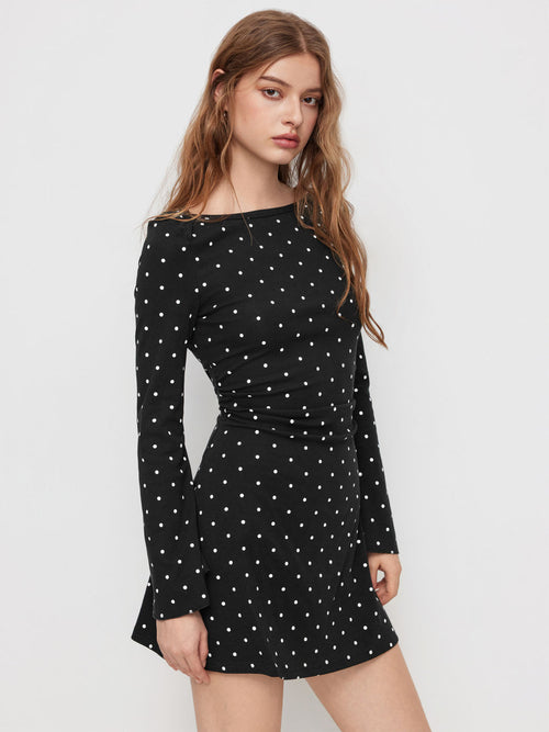 COTTON-BLEND BOAT NECK POLKA DOT RUCHED BELL SLEEVE MINI DRESS