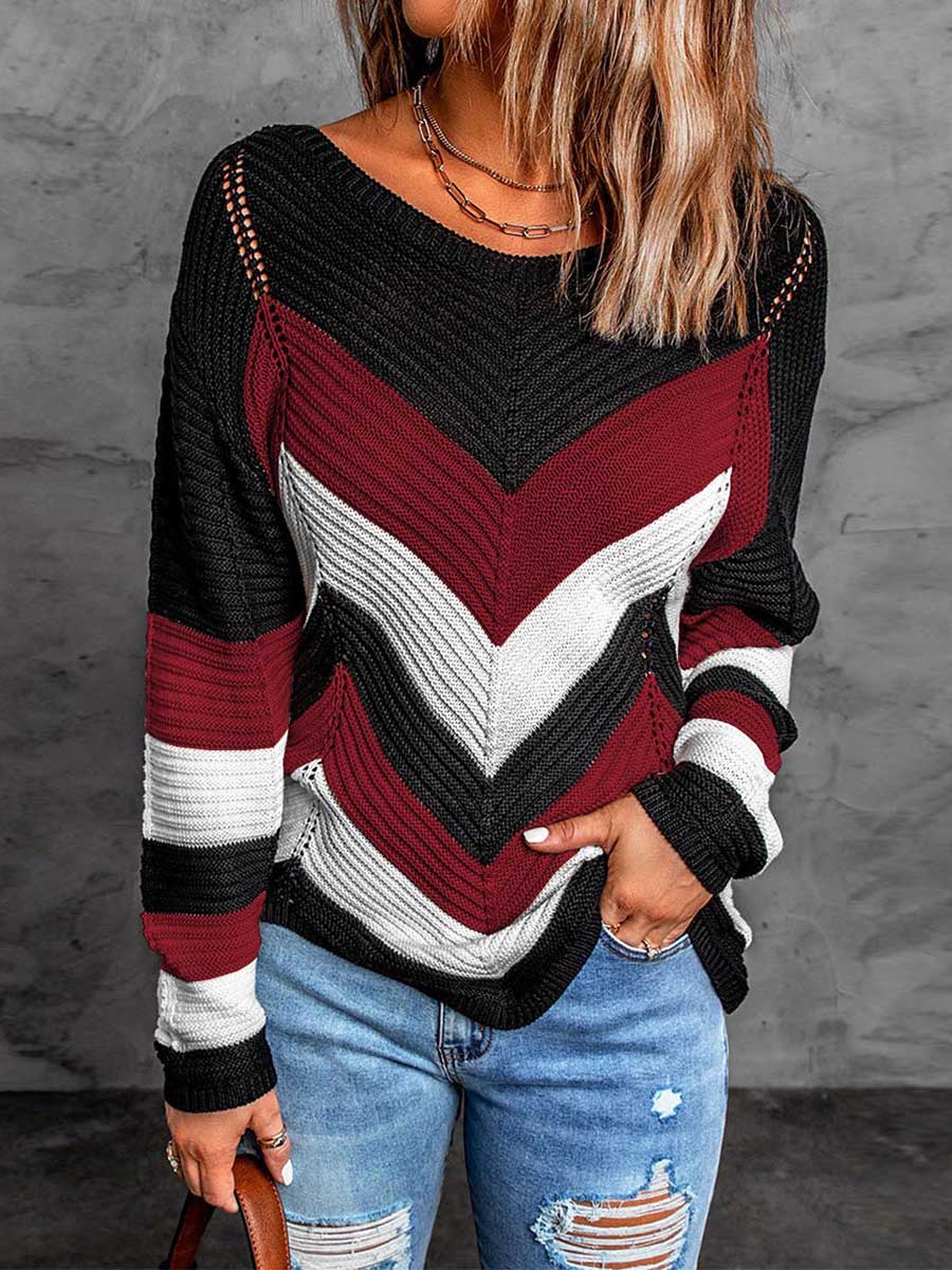 Lunimesd Casual Sweet Geometric Patchwork O Neck Sweaters(7 Colors)