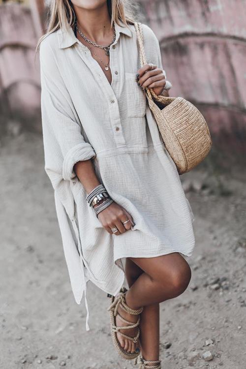 Lunimesd Button Pockets Drawstring Waist Dress