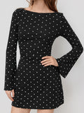 COTTON-BLEND BOAT NECK POLKA DOT RUCHED BELL SLEEVE MINI DRESS