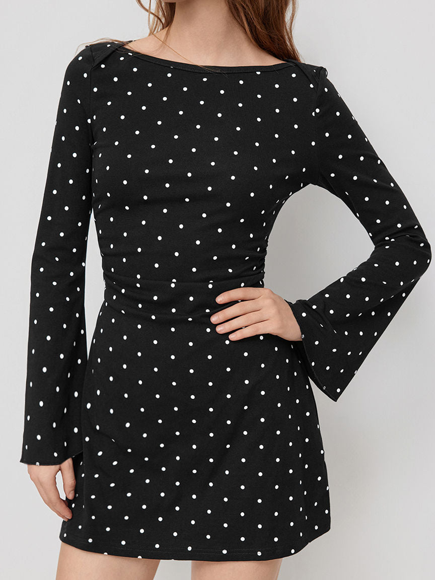 COTTON-BLEND BOAT NECK POLKA DOT RUCHED BELL SLEEVE MINI DRESS