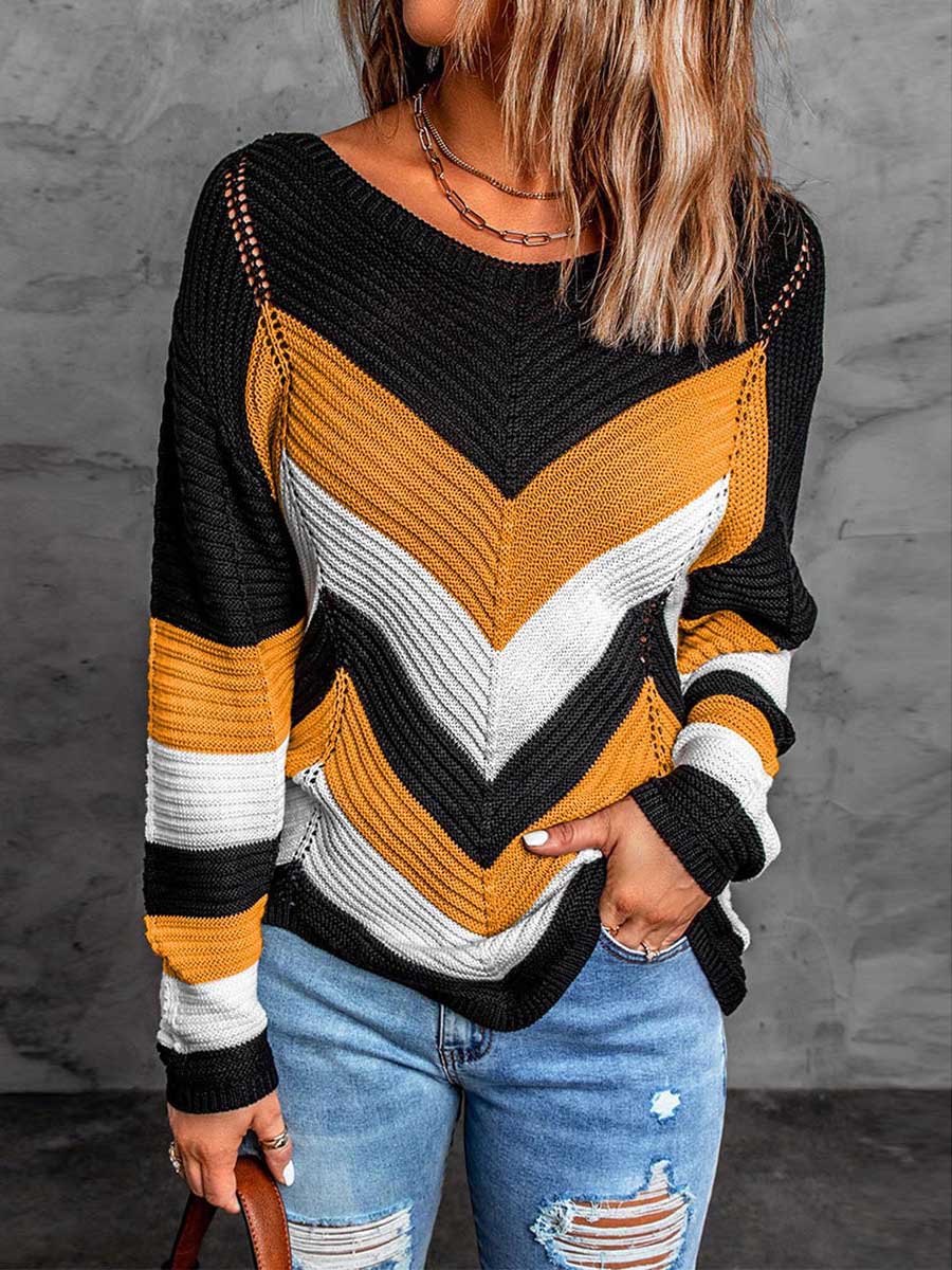 Lunimesd Casual Sweet Geometric Patchwork O Neck Sweaters(7 Colors)