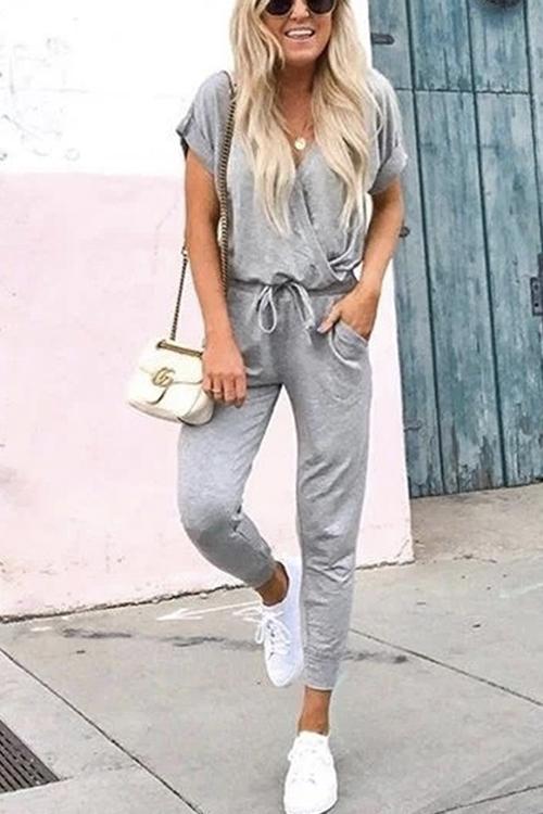 Lunimesd V Neck Short Sleeve Tie Waist Solid Jumpsuit
