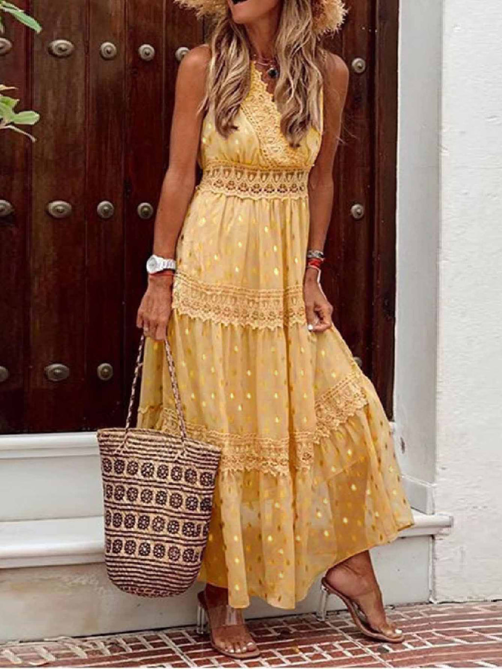 Lunimesd Stylish PolkaDots Print Lace V-Neck Maxi Dress