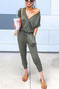 Lunimesd V Neck Short Sleeve Tie Waist Solid Jumpsuit