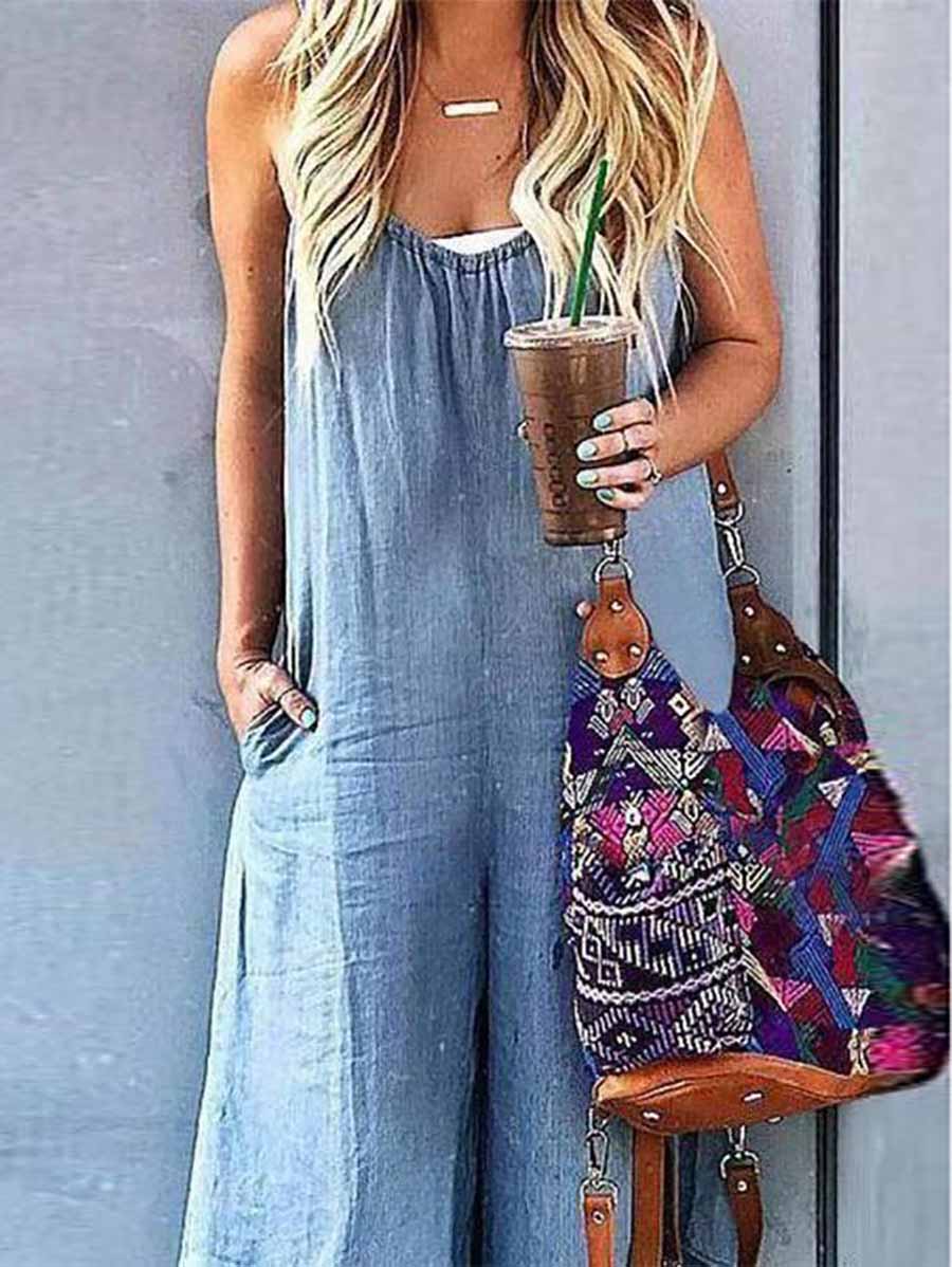 Lunimesd Sleeveless V-neck Wide Leg Denim Jumpsuit
