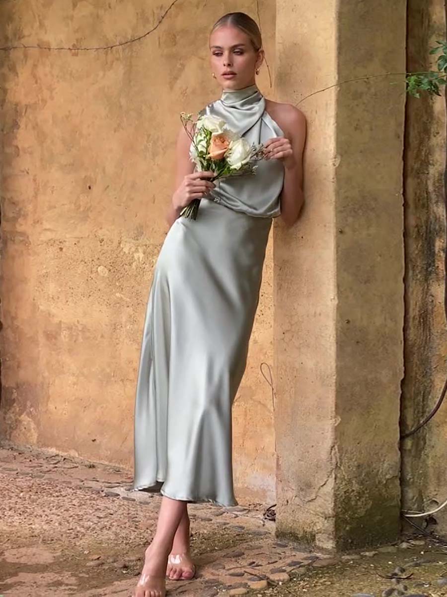 Lunimesd Sleeveless Hanging Neck Solid Color Satin Dress(6 Colors)