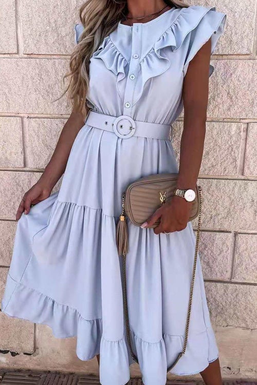 Lunimesd Fashion V Neck Belt Short Sleeve Dress