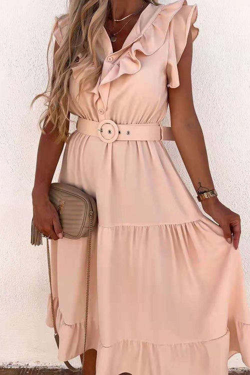 Lunimesd Fashion V Neck Belt Short Sleeve Dress