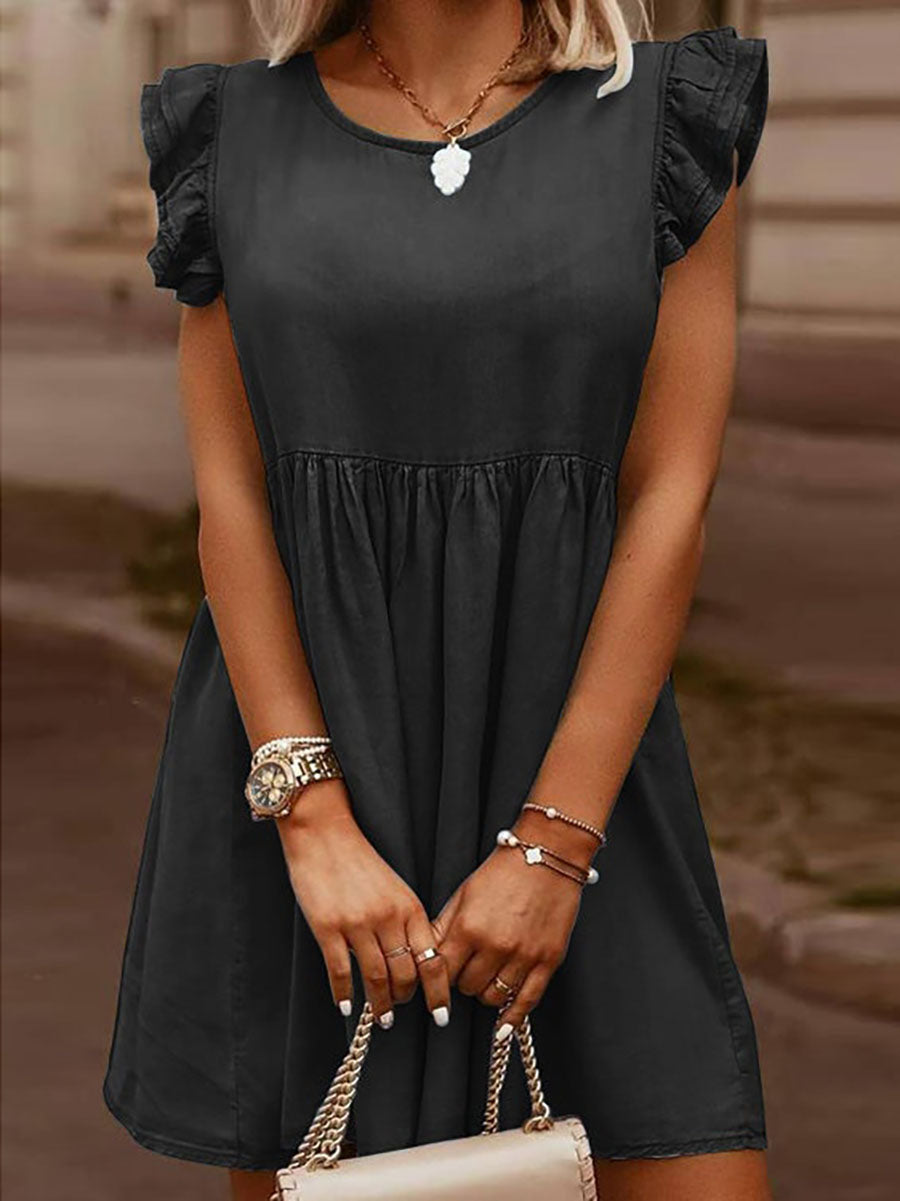 Lunimesd Casual Denim Ruffle O Neck Dress