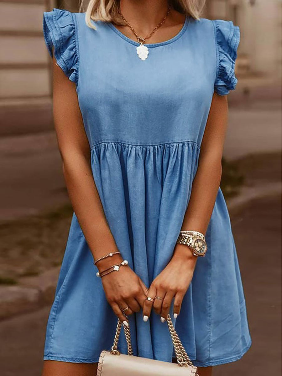 Lunimesd Casual Denim Ruffle O Neck Dress