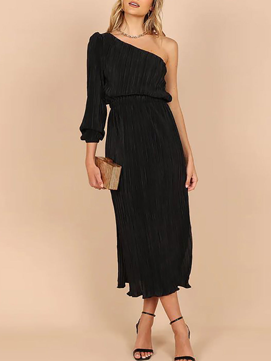 Lunimesd One-Shoulder Slash Neck Solid Color Party Dress(3 Colors)