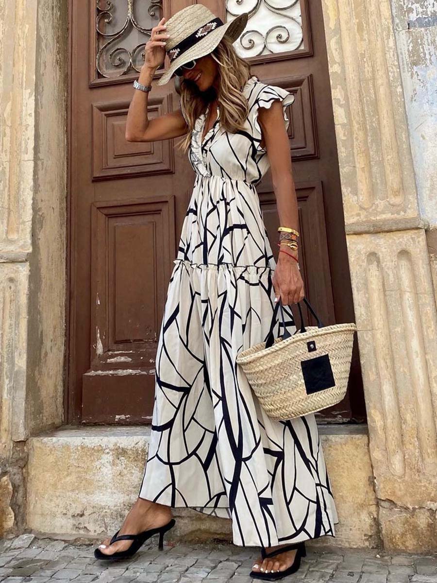 Geometric Print Ruffle Maxi Dress