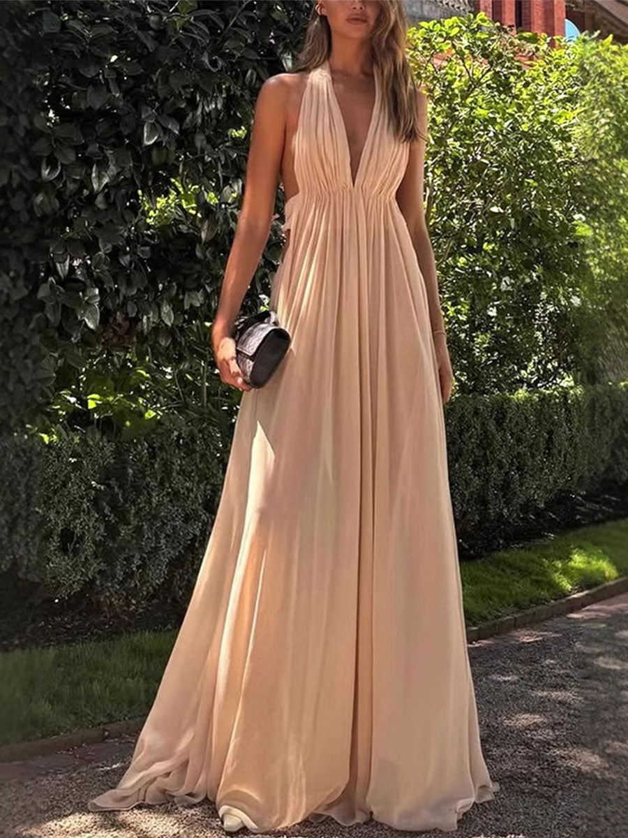 Pleated Halter Evening Dress