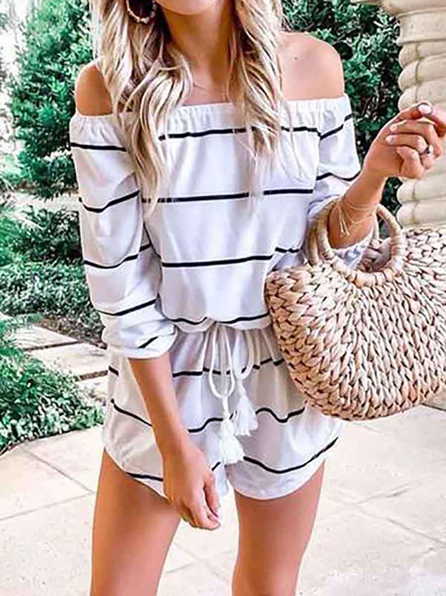 Lunimesd Long Sleeve Striped Off Shoulder Casual Wear Romper