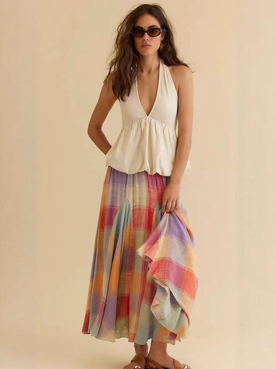 Colorful Flowy Plaid Midi Skirt