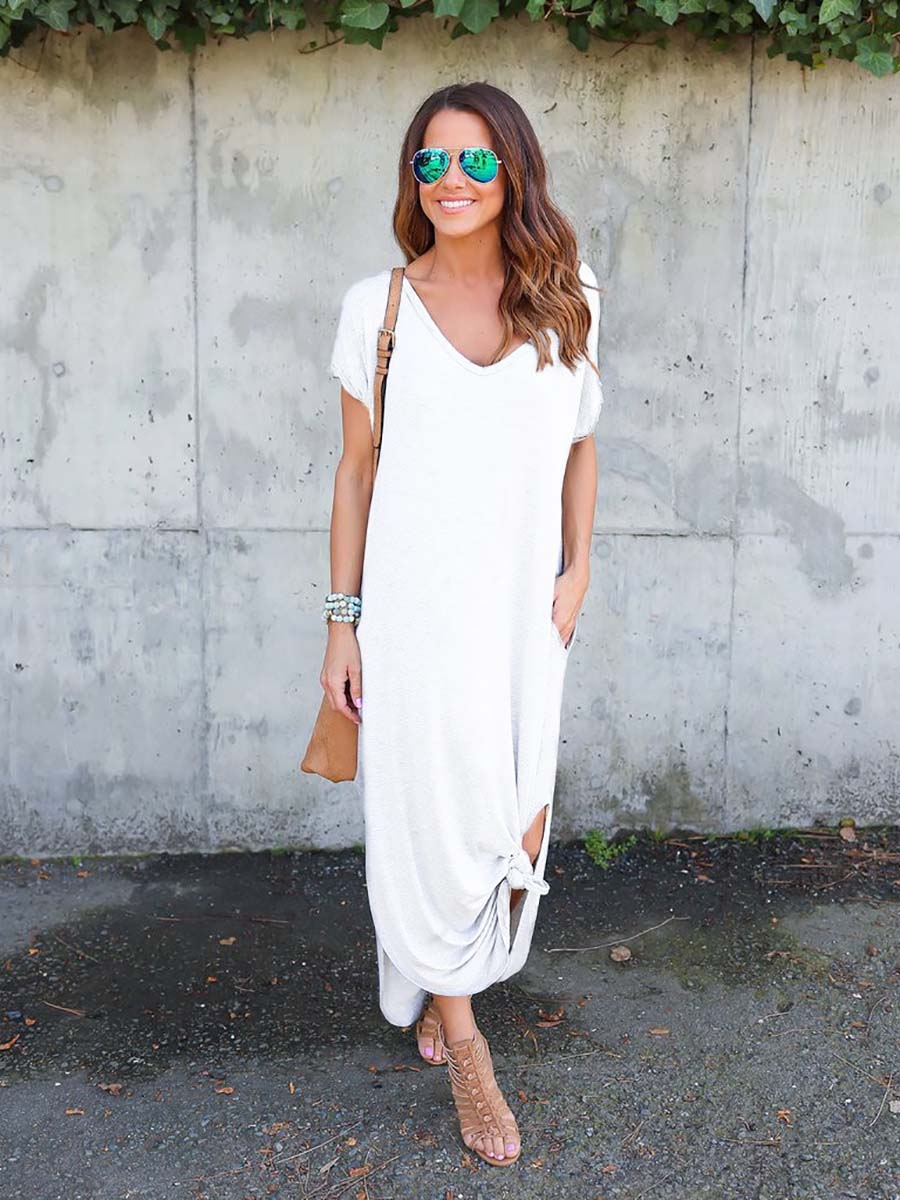 Lunimesd V-Neck Pocket Split Dress(8 colors)