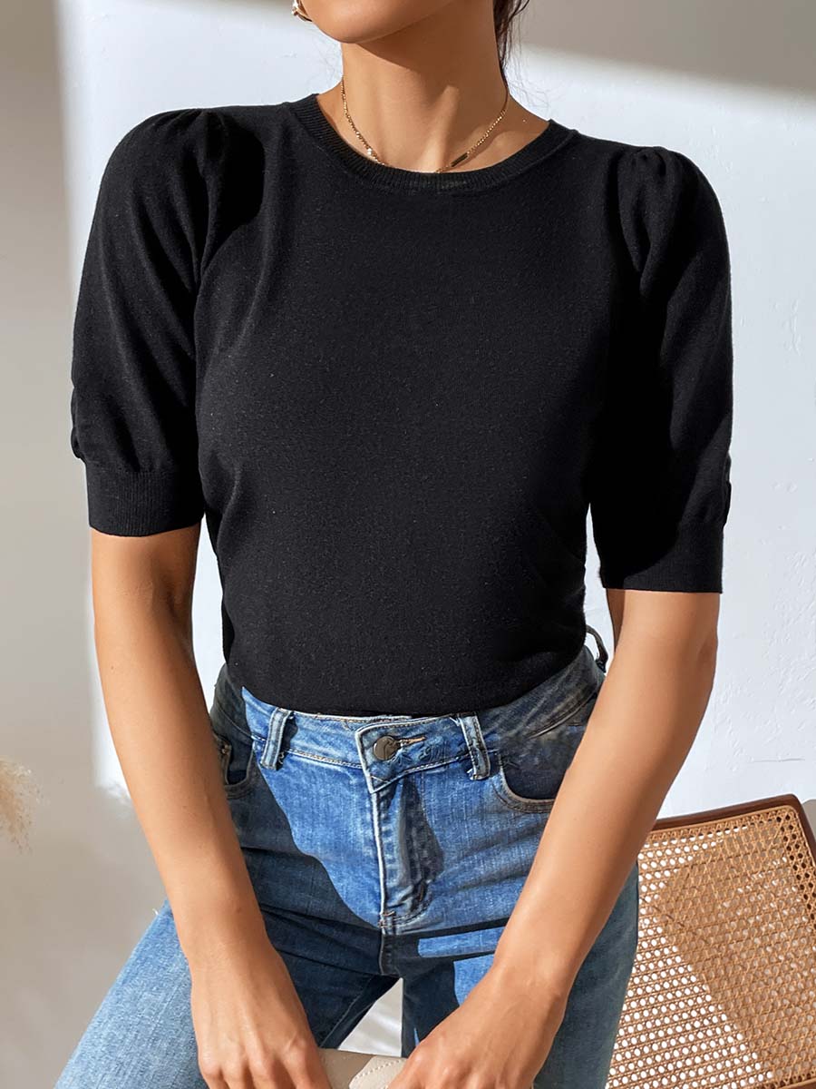 Lunimesd Round Neck Pleated Short Sleeve Solid Color Knit (5 colors)