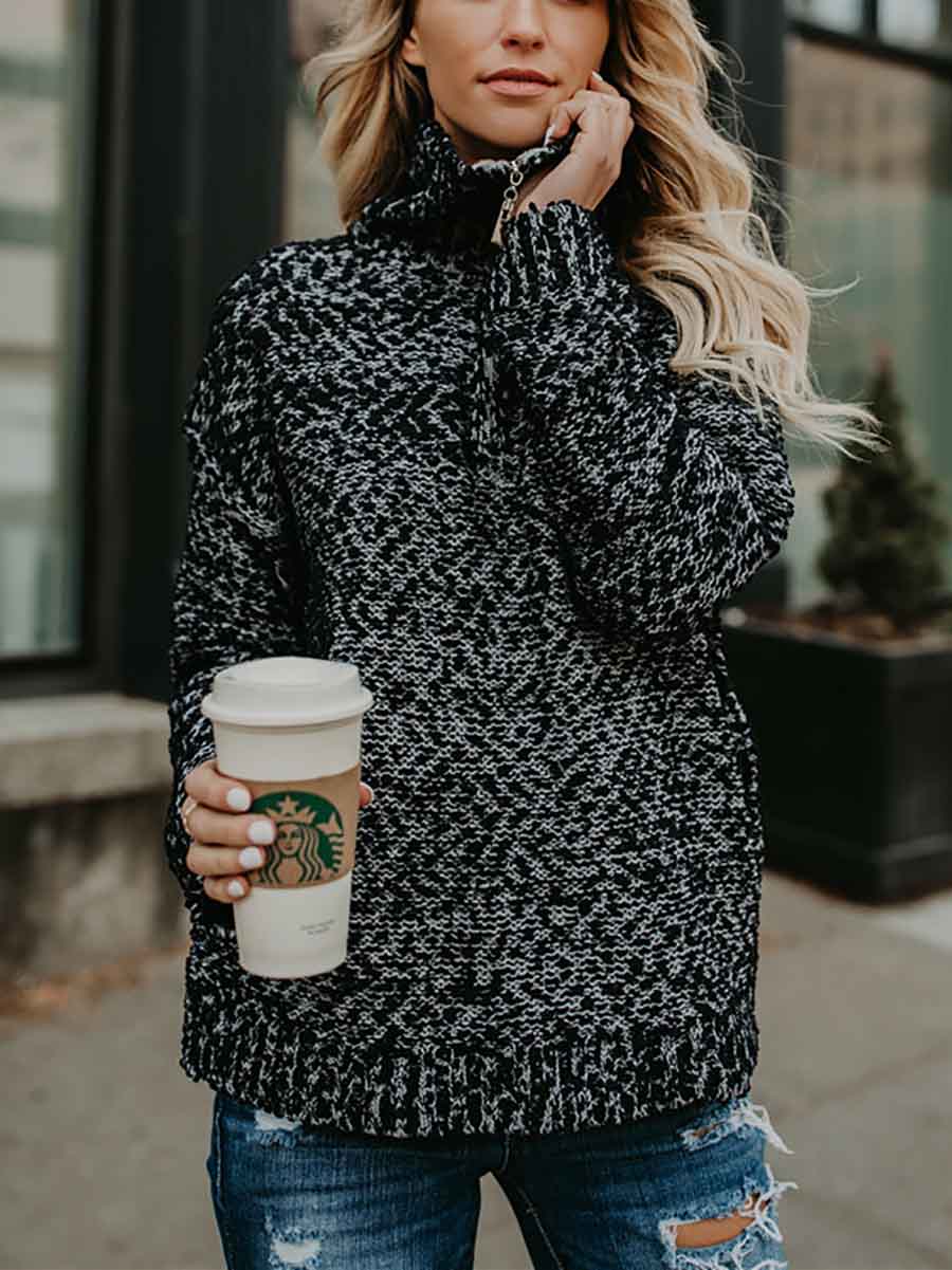 Lunimesd Mixed Color High Neck Zipper Sweater