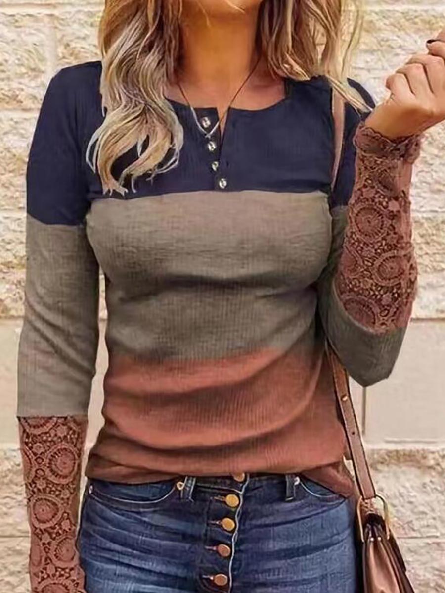 Lunimesd Round Neck Stitching Lace Long Sleeve T-Shirt(14 colors)