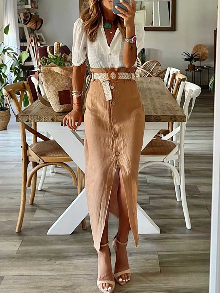 Lunimesd Cotton Linen Button Half Skirt