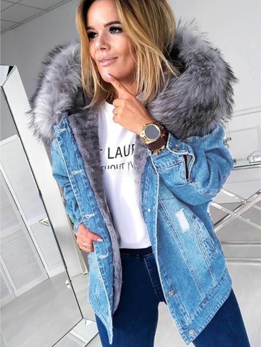 Lunimesd Padded Warm Hole Large Fur Collar Denim Jacket(4 colors)