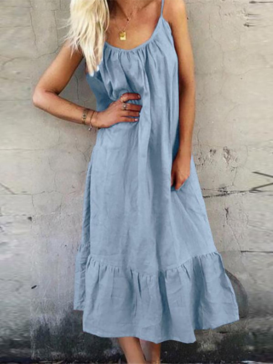 Lunimesd Cotton Linen Halter Solid Color Ruffle Dress