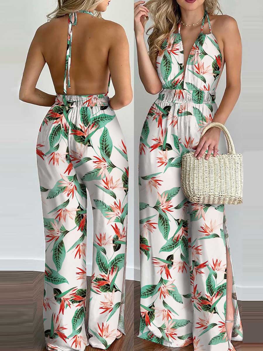 Lunimesd Printed Hanging Neck Sexy Backless Split Jumpsuit