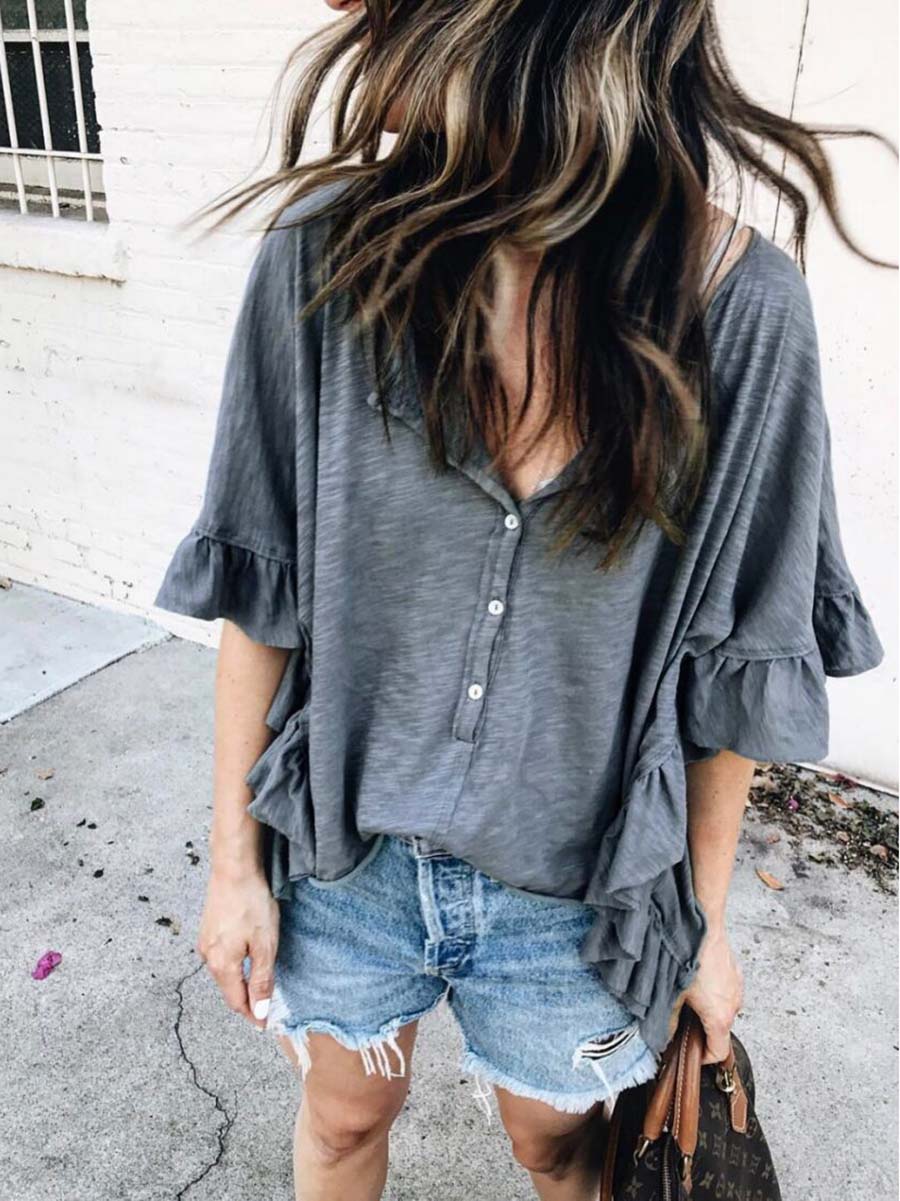 Lunimesd Round Neck Patchwork Ruffle Loose Short Sleeve T-Shirt