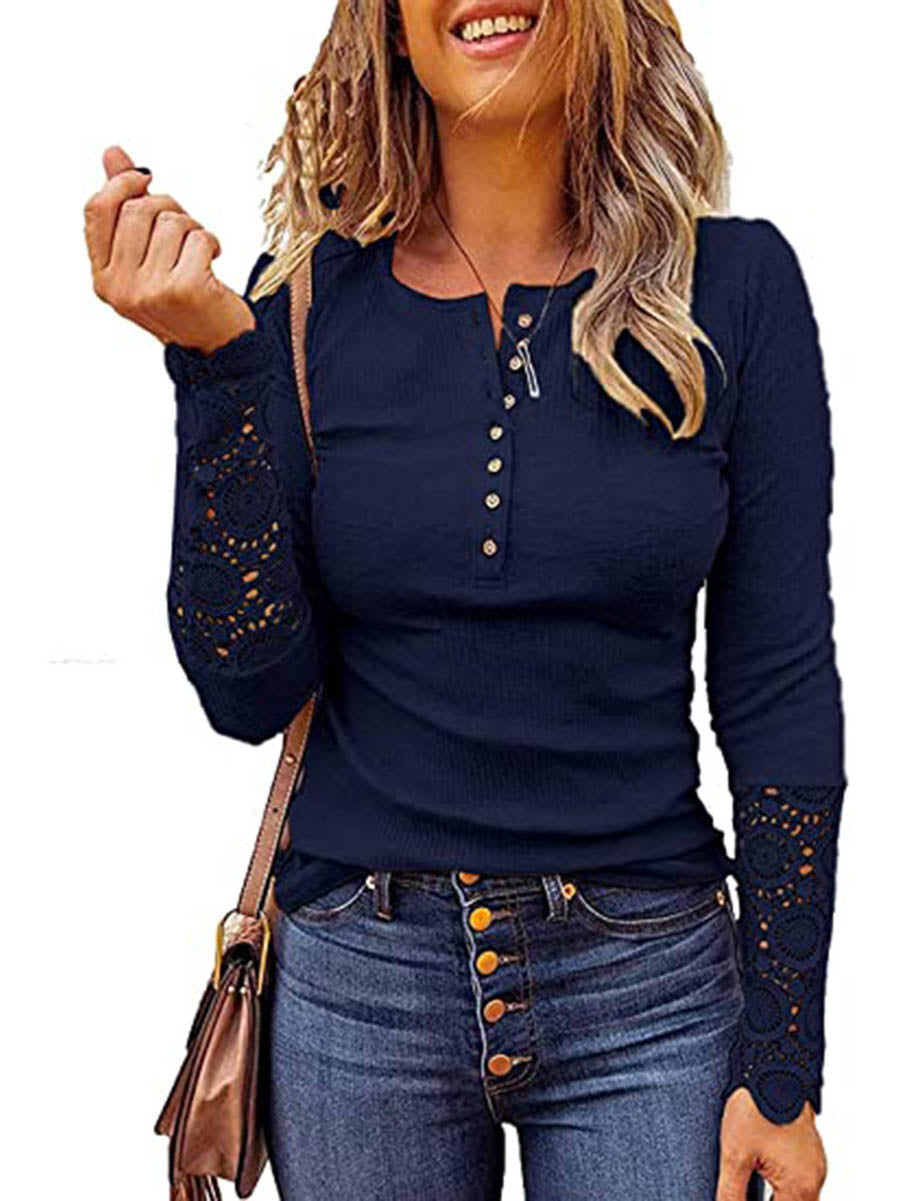 Lunimesd Round Neck Stitching Lace Long Sleeve T-Shirt(14 colors)