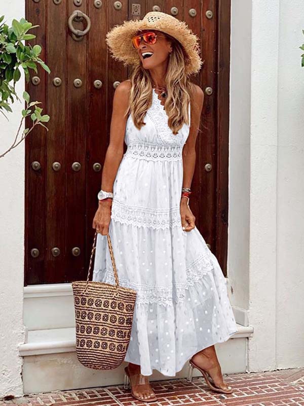 Lunimesd Stylish PolkaDots Print Lace V-Neck Maxi Dress