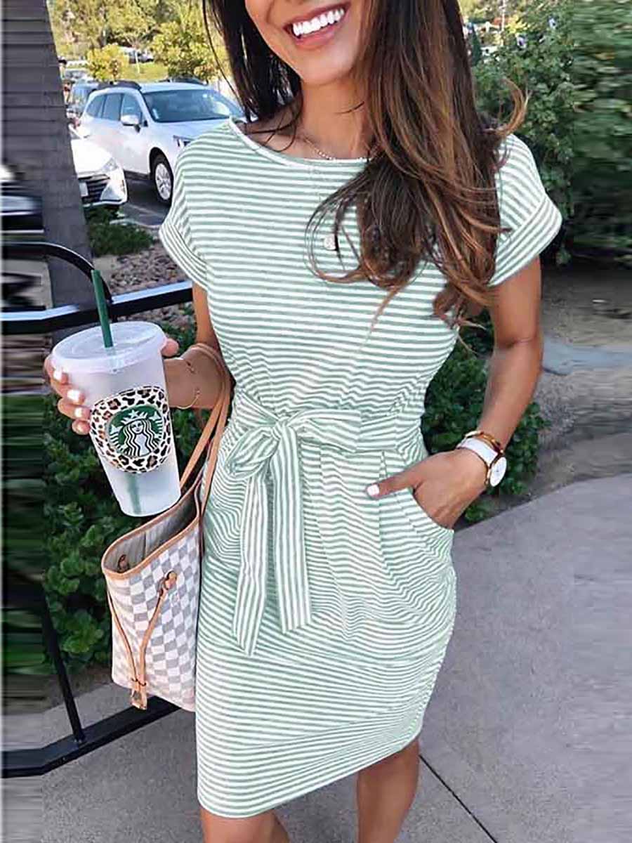 Lunimesd Short Sleeve Pinstripe Round Neck Casual Wear Dress