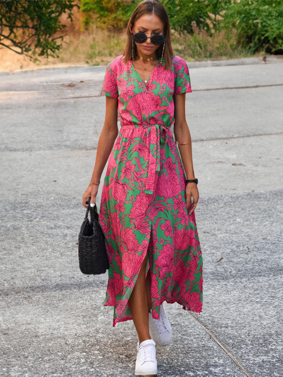 V-Neck Printed Iace Up Dress