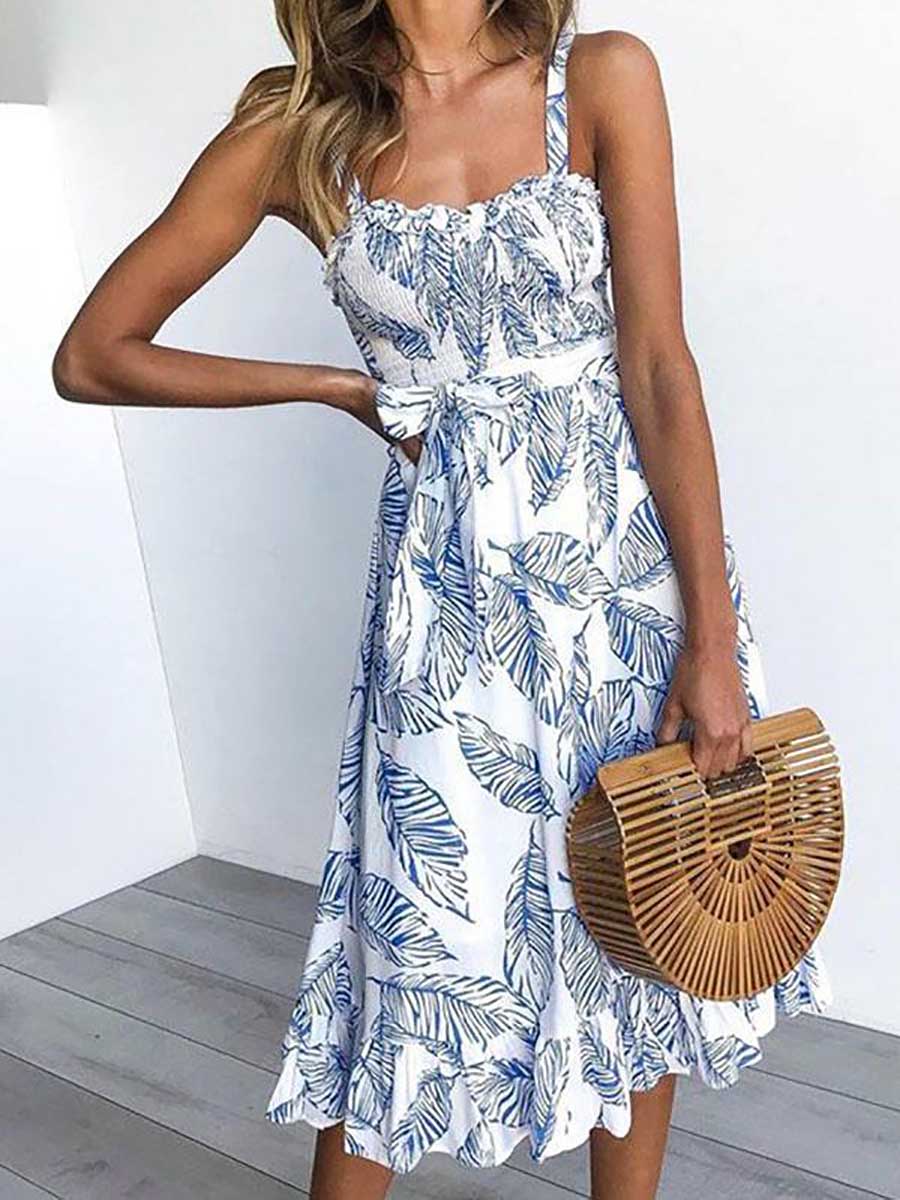 Lunimesd Sleeveless Leaf Print Spaghetti Strap Casual Wear Dress