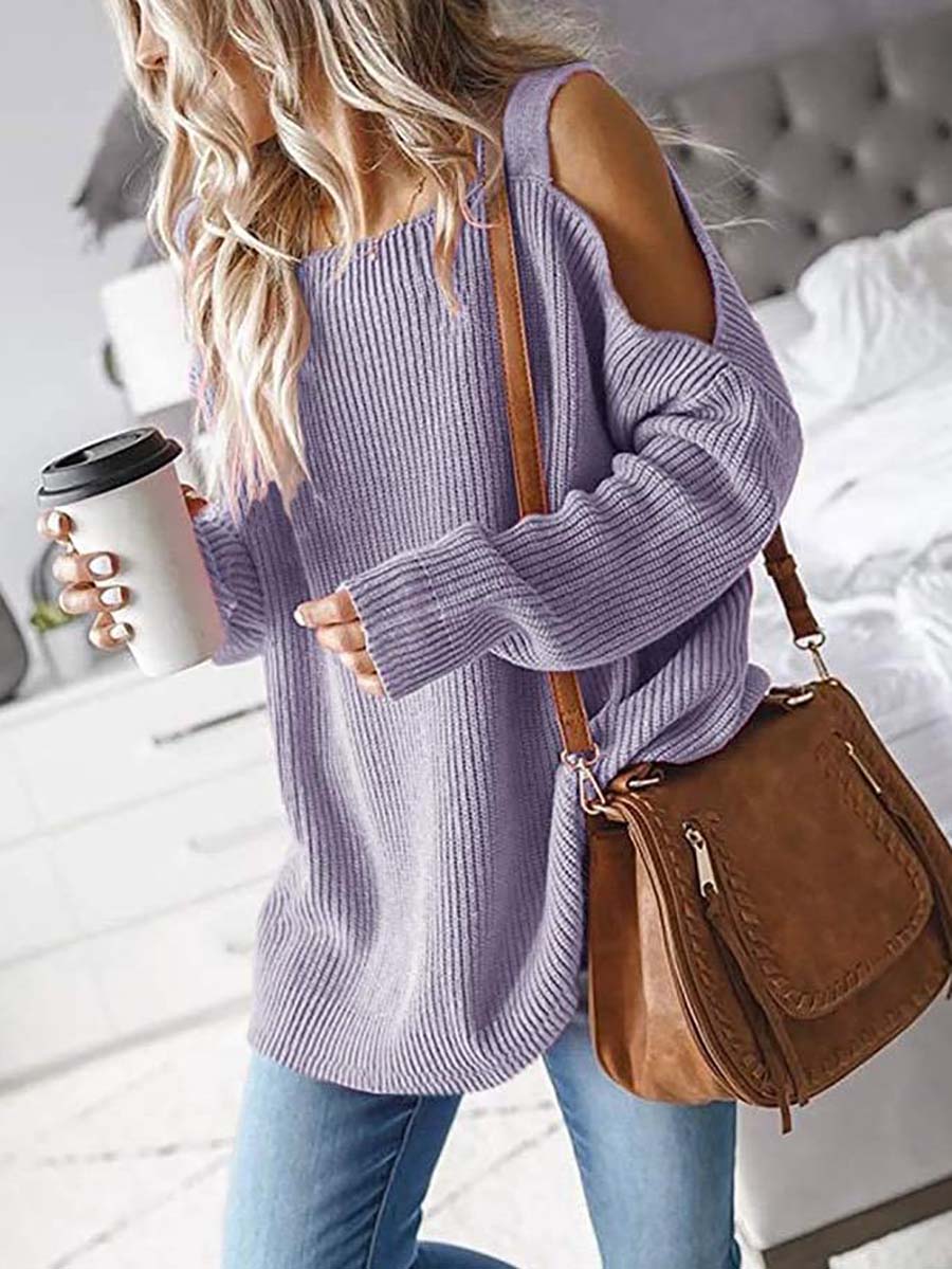 Veleaee Cold Shoulder Knit Sweater