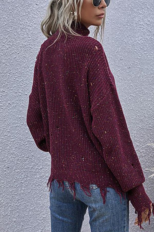 Lunimesd Loose Off-shoulder Ripped Long-sleeved High-neck Knitted Sweater