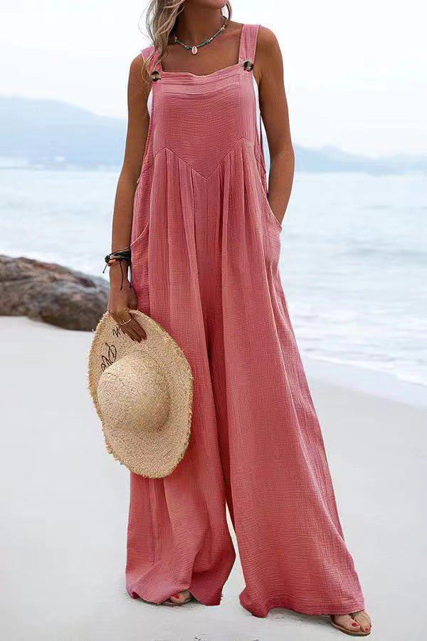 Lunimesd Ethnic Button Suspender Wide Leg Line Jumpsuit